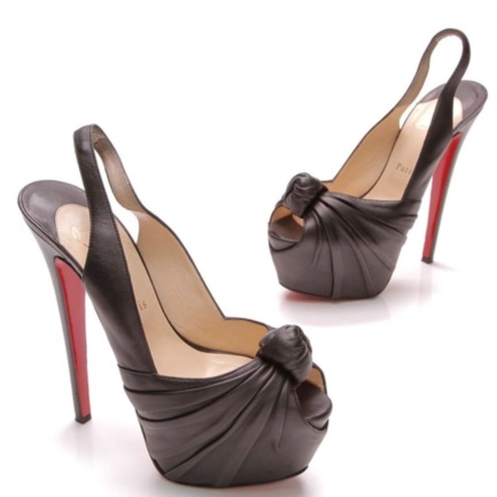 Christian Louboutin Black Leather Peep-Toe Slingback Pumps with Red Soles